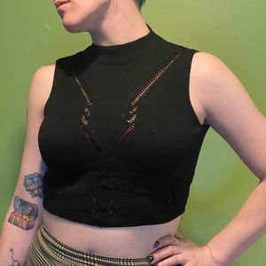 Black crochet mock-neck crop top